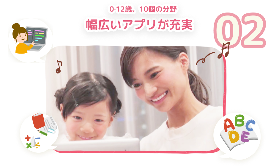 02 0‐12歳、10個の分野 幅広いアプリが充実