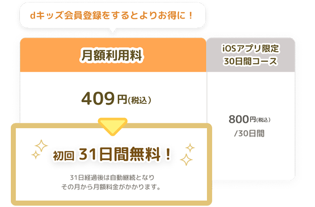 dキッズ会員登録をするとよりお得に！月額利用料409円(税込） 初回31日間無料！31日経過後は自動継続となりその月から月額料金がかかります。 iOSアプリ限定30日間コース800円(税込）/30日間