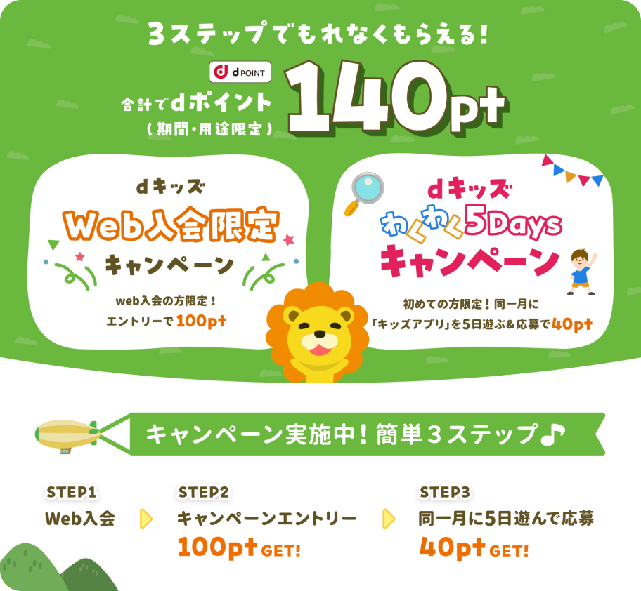 3ステップでもれなくもらえる!合計でdポイント(期間・用途限定)140pt 【dキッズWeb入会限定キャンペーン】web入会の方限定!エントリーで100pt 【dキッズわくわく5Daysキャンペーン】初めての方限定!同一月に「キッズアプリ」を5日遊ぶ&応募で40pt 【キャンペーン実施中!簡単3ステップ】 STEP1:web入会 STEP2:キャンペーンエントリー 100ptGET! STEP3:5日遊んで応募 40ptGET!