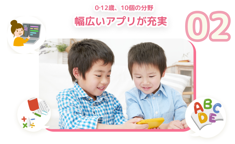 02 0‐12歳、10個の分野 幅広いアプリが充実