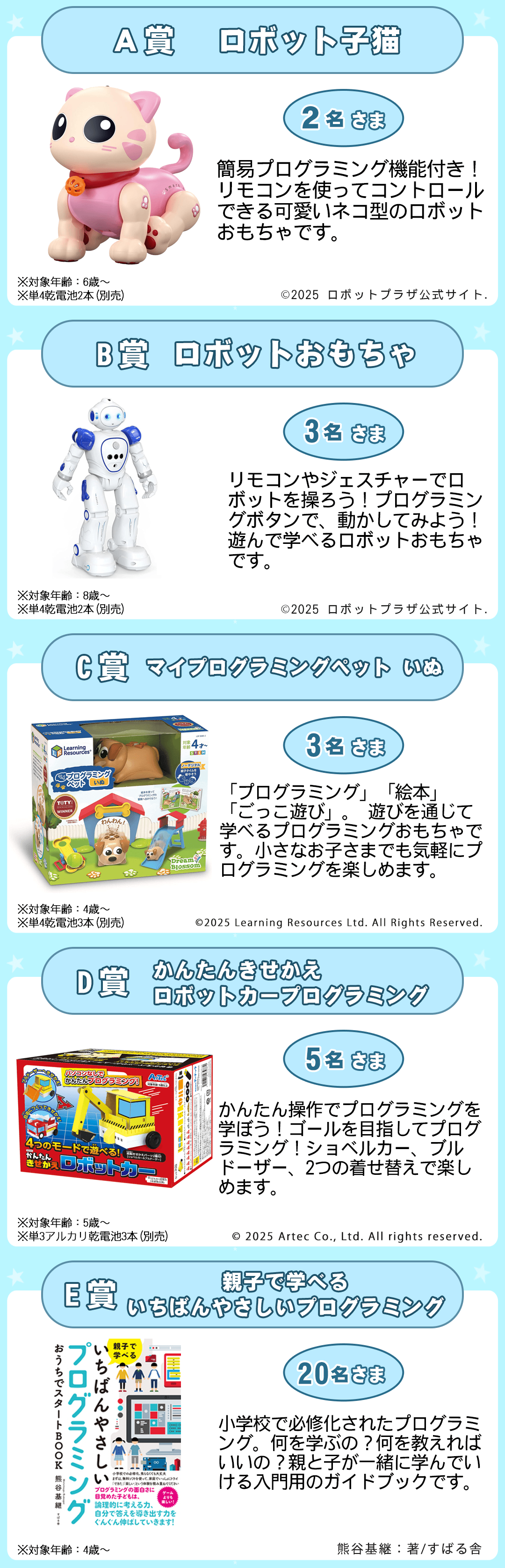プレゼント賞品一覧:A賞：ロボット子猫【2名さま】※対象年齢：6歳～　※単4乾電池2本(別売)　B賞：ロボットおもちゃ【3名さま】※対象年齢：8歳～　※単4乾電池2本(別売)　C賞：マイプログラミングペット いぬ【3名さま】※対象年齢：4歳～　※単4乾電池3本(別売)　D賞：かんたんきせかえロボットカー プログラミング【5名さま】※対象年齢：5歳～　※単3アルカリ乾電池3本(別売)E賞：親子で学べる いちばんやさしいプログラミング【20名さま】※対象年齢：4歳～